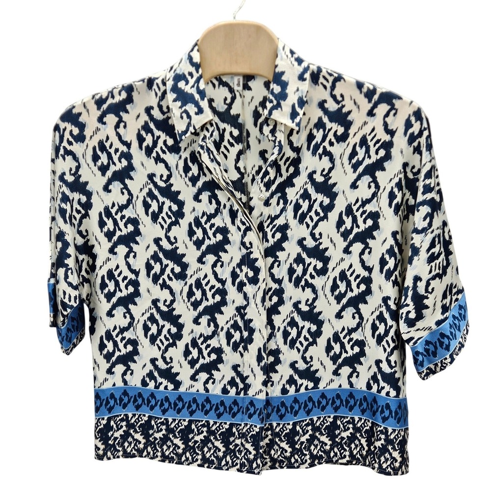 Glam Womens Blue Cream Ikat Abstract Border Print Button Down‎ Blouse Large